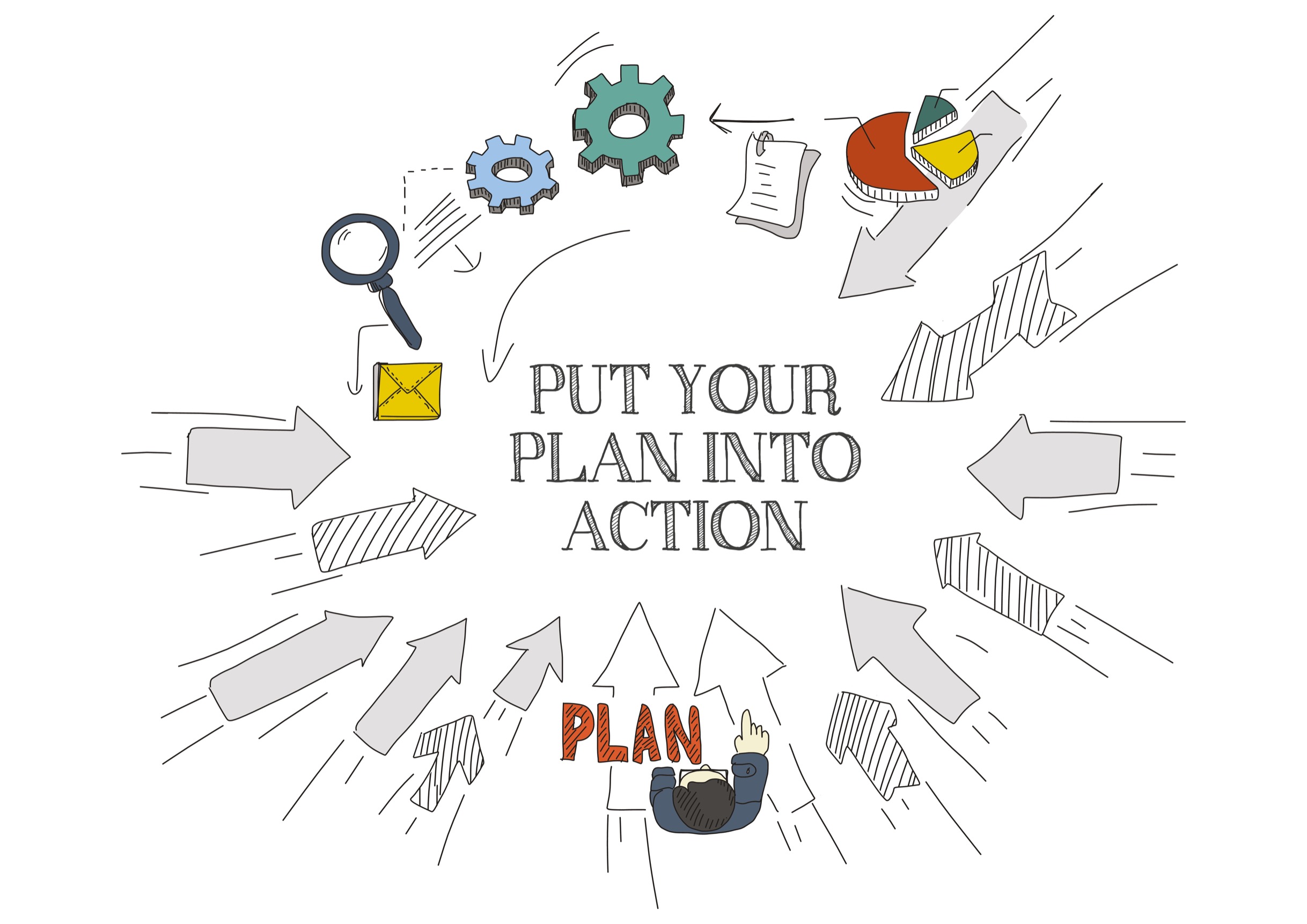 Put It Into Action sign with arrows and various tools surrounding it